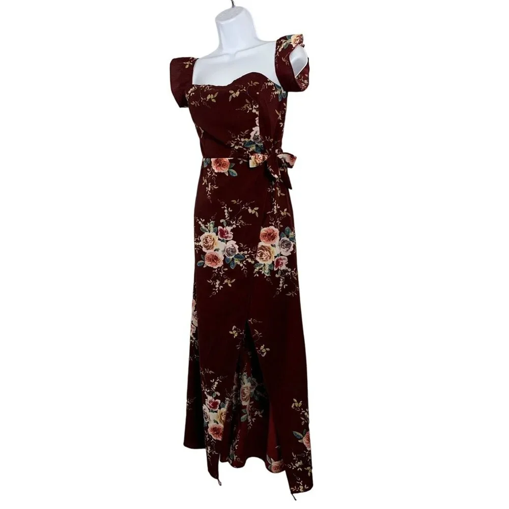 Womens Floral Print Maxi Dress With Ruffle Sleeves & Waist Tie Burgundy Small - Picture 4 of 10